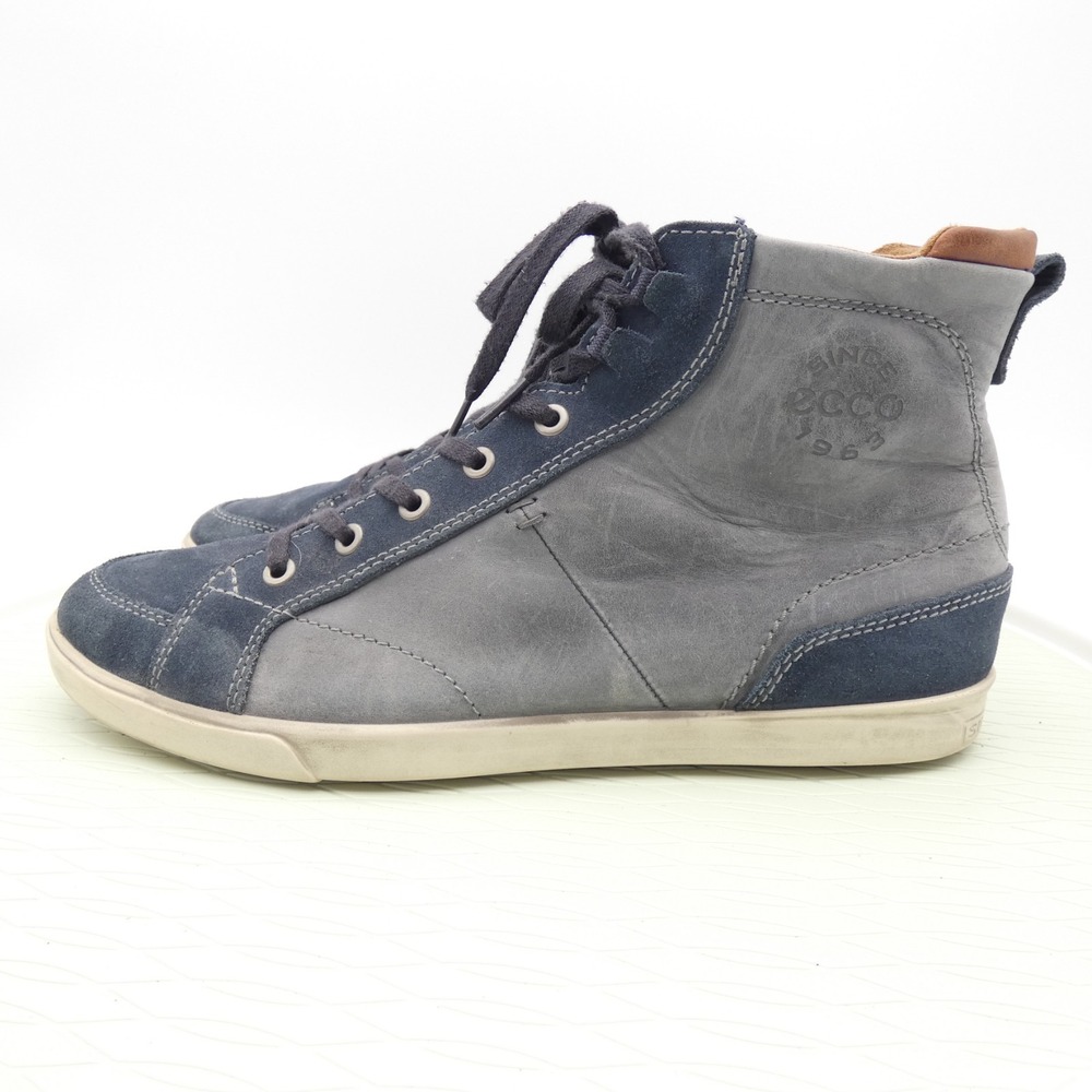 Ecco Men US 9.5 Trainer Shoes Gray Blue Suede Leather Side Zip High Top Sneakers